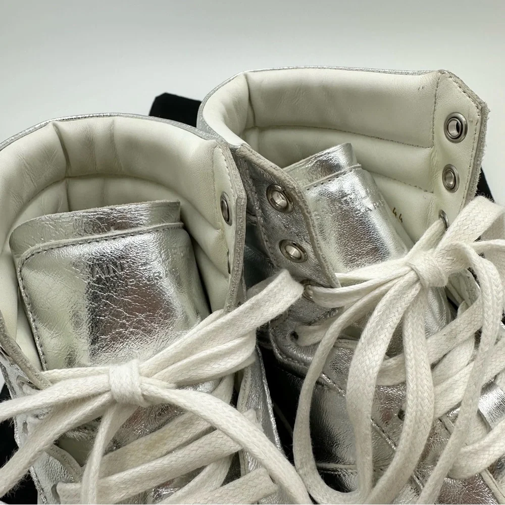 Saint Laurent Men's Metallic Silver Leather Hi-top Sneaker 418026 - Picture 5 of 11